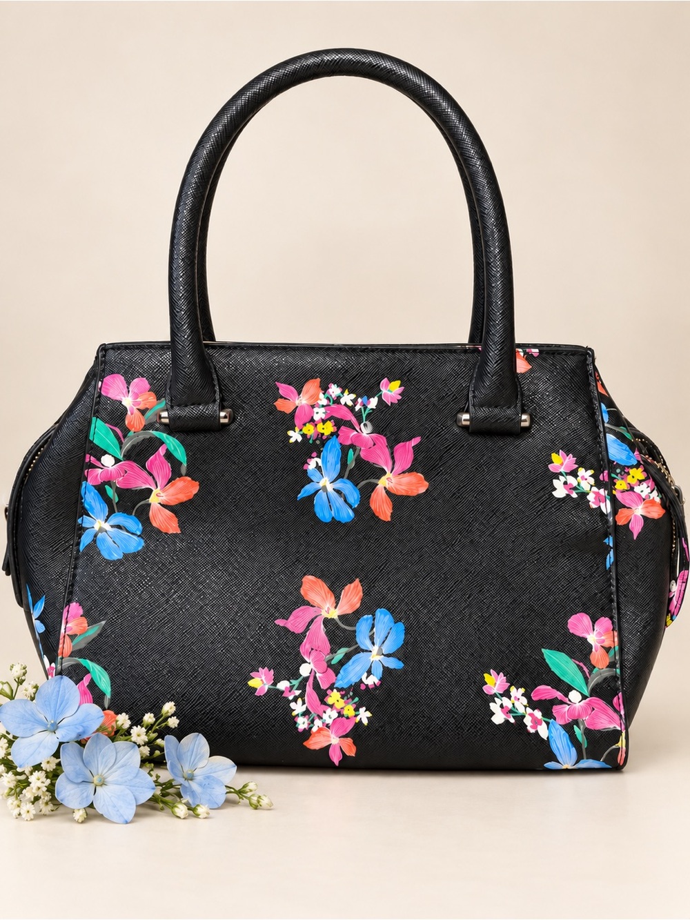 a new day Black Floral Satchel with Multicolor Blooms